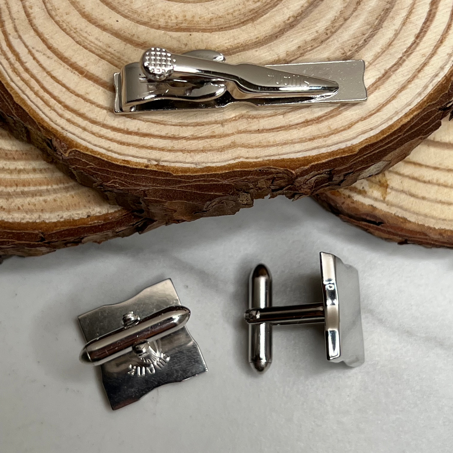 Vintage Signed Swank Strand Silver Tie Clip  & Cufflinks Set