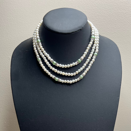 3 Strand White Green Pearl Necklace Bracelet Jewelry Set