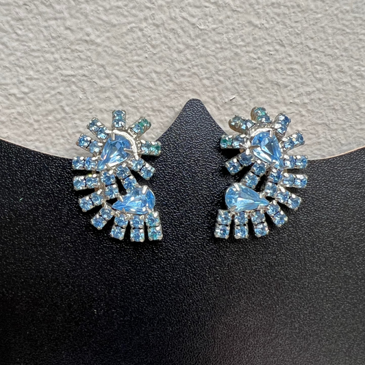 Mid Century Bridal Pale Blue Rhinestone Clip On Earrings