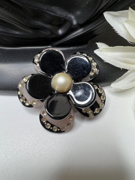 1980s Lucite Layered Black Flower Brooch