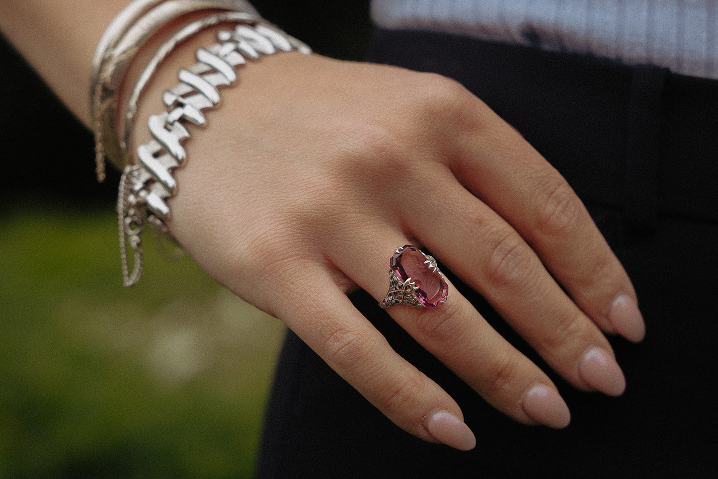 Vintage Sterling Silver Filigree Intaglio Amethyst Crystal Ring Size 6 3/4