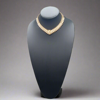 Mid-Century Gold V Shaped Stacked Link Pearl Accent Choker Necklace